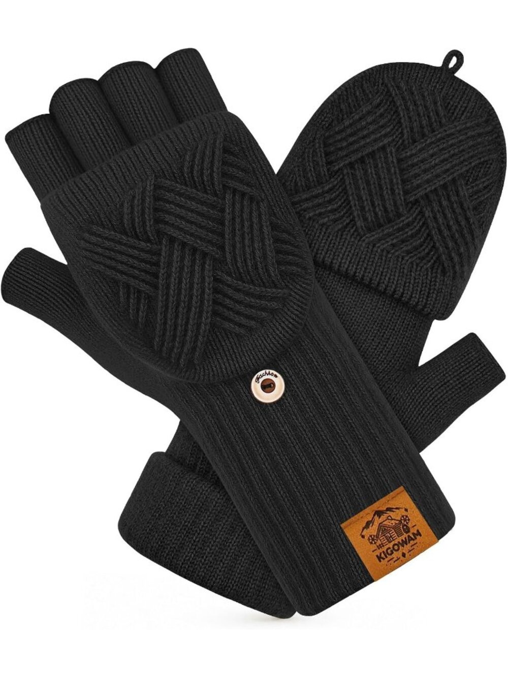 Unisex Black Convertible Fingerless Winter Thermal Knit Flip‑Top Gloves Mittens